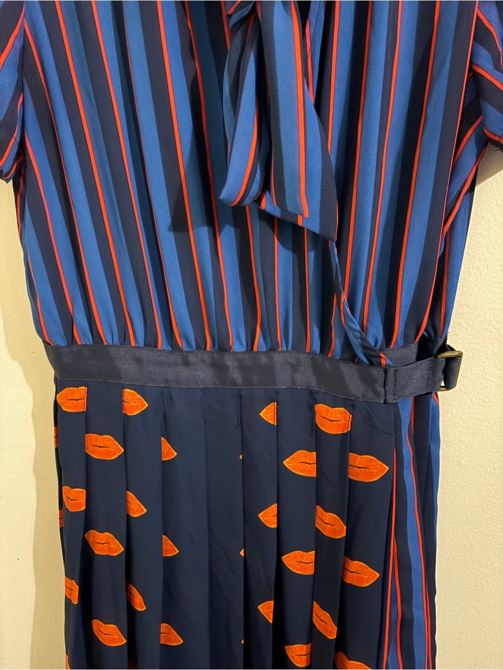 New York & Company Navy and Orange Striped & Pleated Midi Dress - Picture 7 of 15